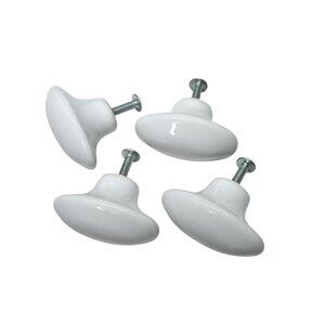 Vintage Set Of 4 White Porcelain Oval Drawer Knobs Cabinet Pulls 1-3/4" W